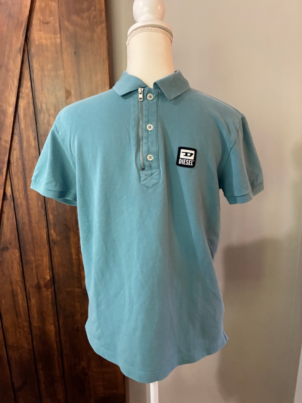 Diesel Men’s Teal Blue Polo Zipper & Button 90’s Y2K Size M 100% Cotton EUC